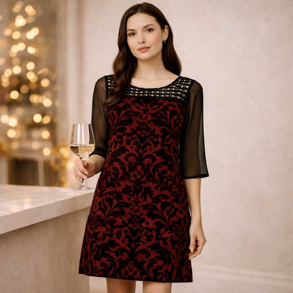 Vertigo Paris‎ Red Black Baroque Chiffon Shift Dress Crochet Yoke Small